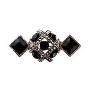Vintage Signed Graziano Black Onyx Silver Tone Marcasite and Pave Brooch